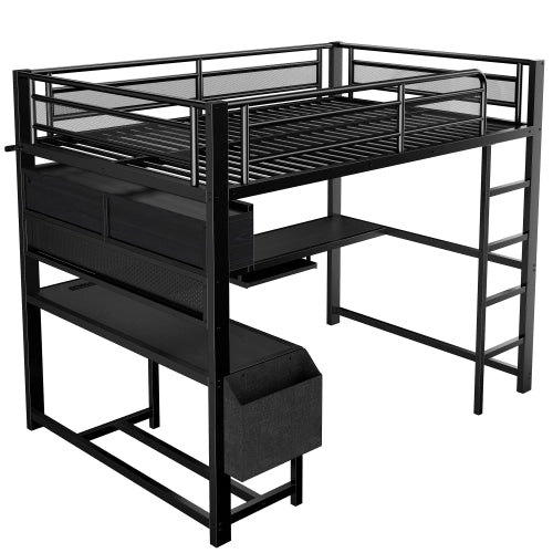 Letto a soppalco con scrivania 140x200 cm LEMONMAX, LED 7 colori, 2 prese e 2 USB, mensole, struttura in metallo, nero