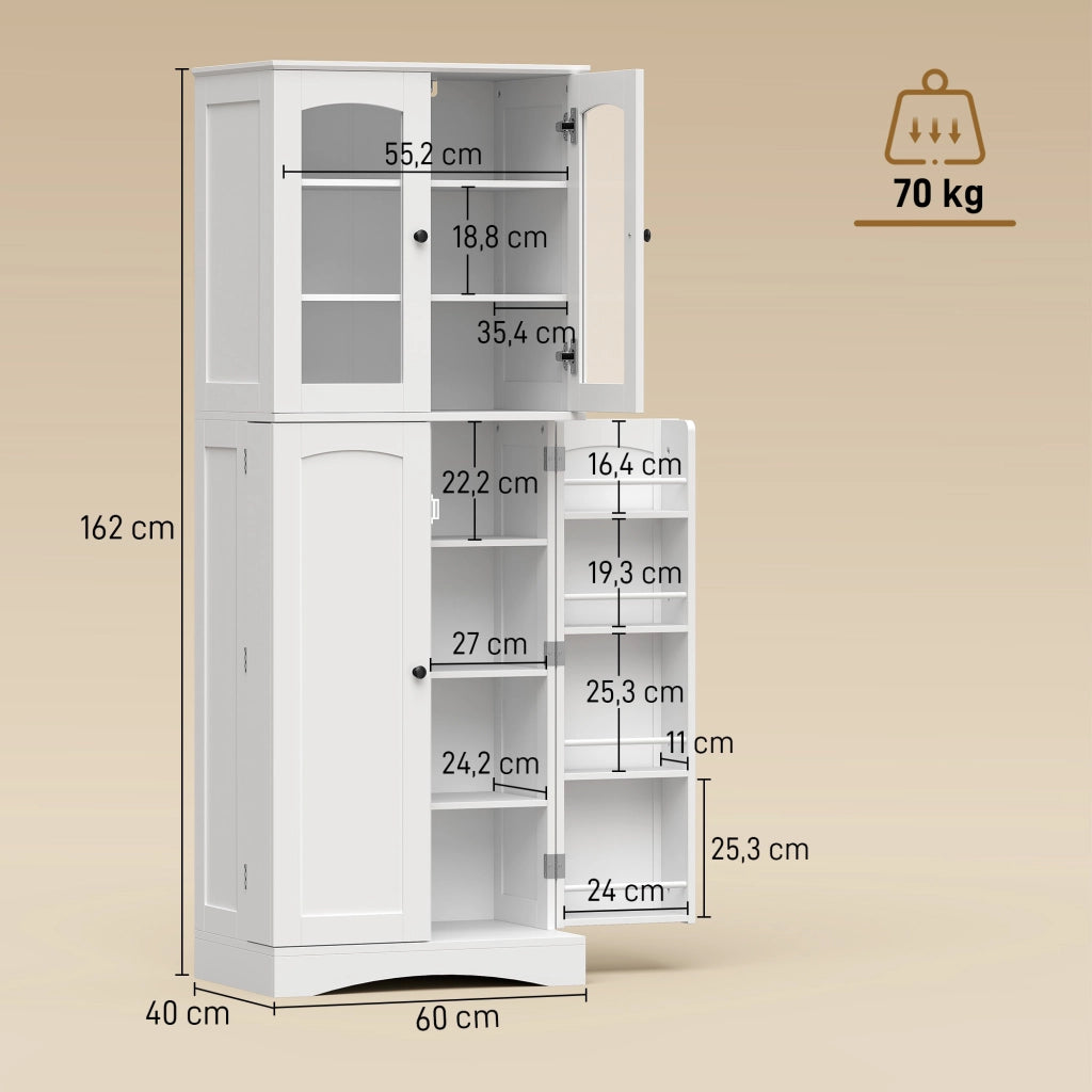 Mobile Dispensa Cucina con Ante, Armadietti e Cerniere a Chiusura Silenziosa, in Legno, 60x40x162 cm, Bianco
