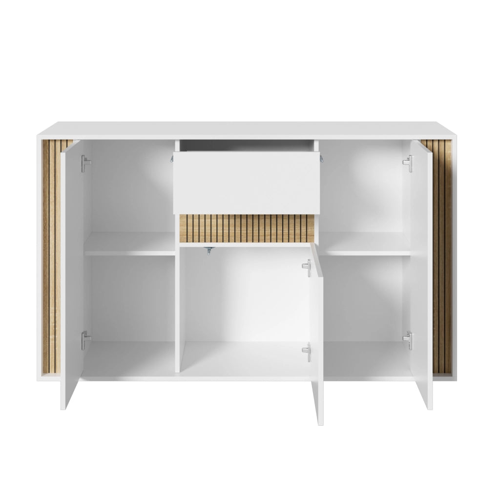 Credenza e madia con LED regolabile, 3 ante e 1 cassetto, in truciolare, bianco e naturale, 140 × 40 × 82 cm