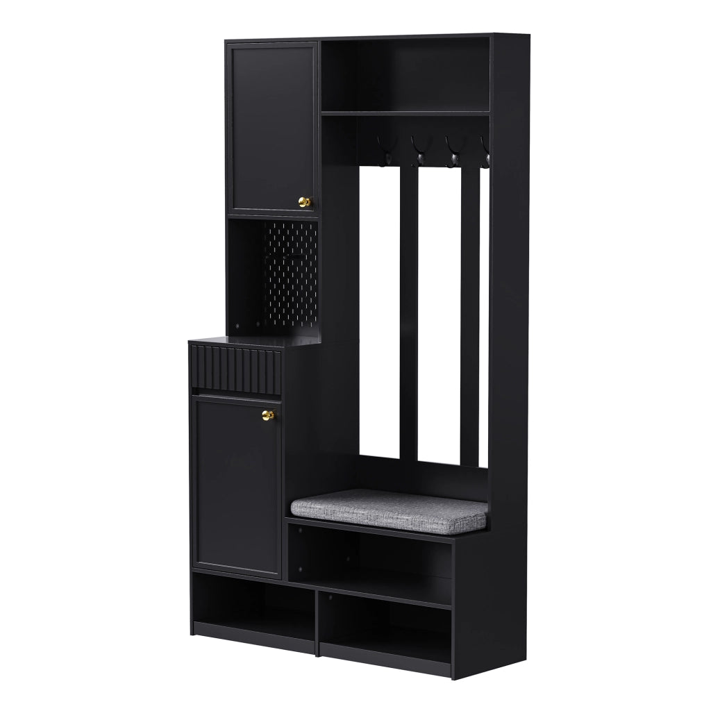 Set Ingresso con Panca, Ante, Cassetti e Ganci ¨C MINIMAL ¨C Nero 100¡Á180¡Á35 cm