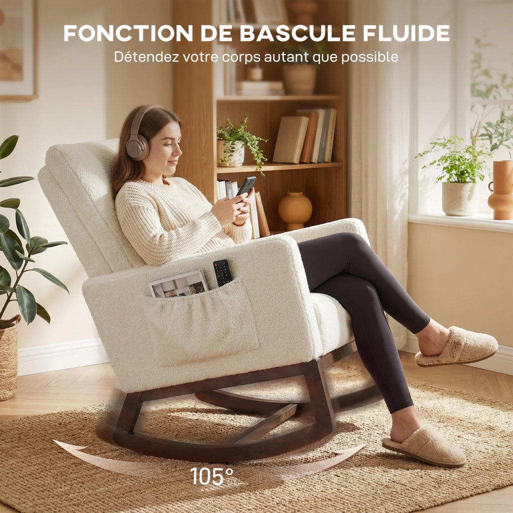 Poltrona a dondolo ¨C Xylo ¨C tessuto flanella crema imbottita con cuscino lombare e tasche laterali