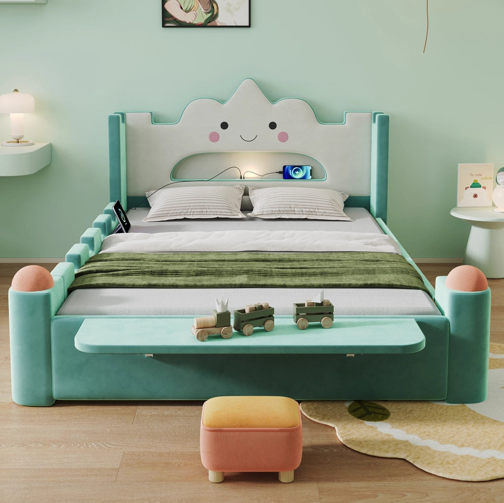 Letto per bambini 140x200 cm con lampada da lettura; USB; contenitore e ripiano in velluto bluverde