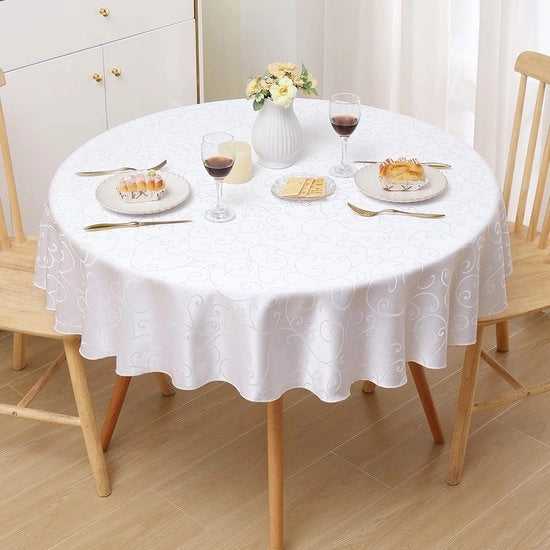Tavolo Coperto in Poliester Rond 120cm con Tessuto Jacquard e Ornamenti, Resistenze alla Sporcizia e Facile da Pulire, Bianco