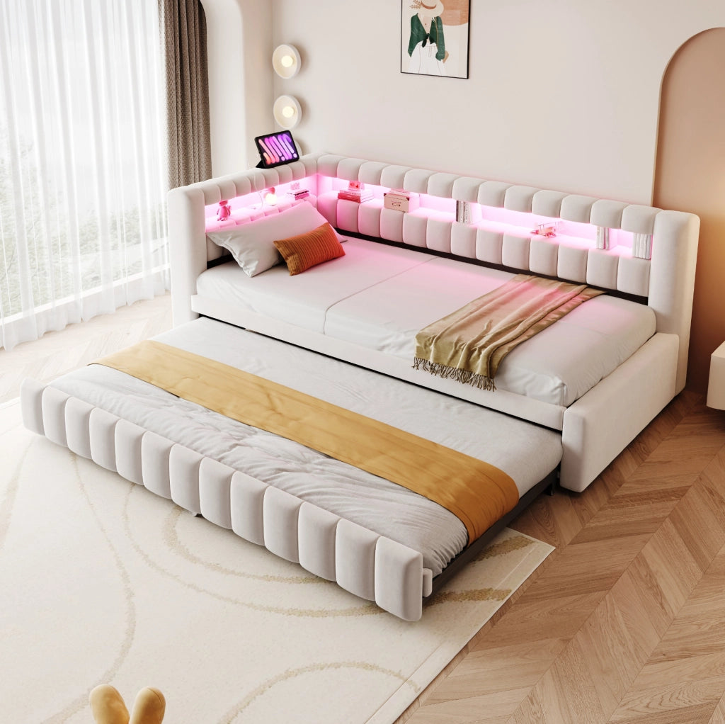 Divano letto estraibile imbottito 90x200 cm con LED; USB e Type-C; velluto beige