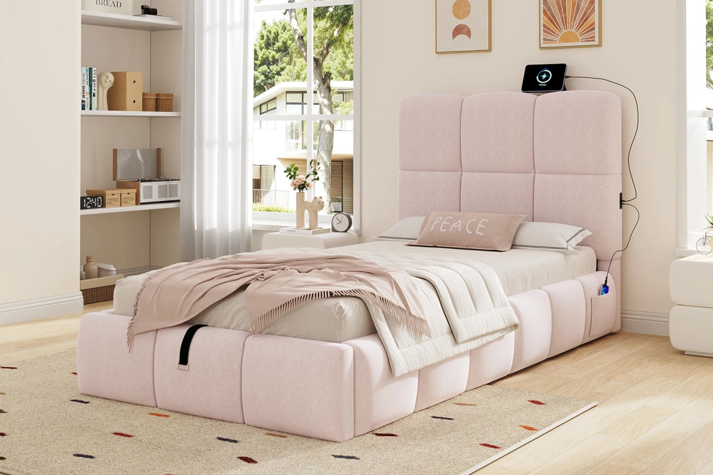 DESMIU Letto bambino 90 × 200 cm 1 posto con vano contenitore idraulico e USB, senza materasso, in velluto, rosa