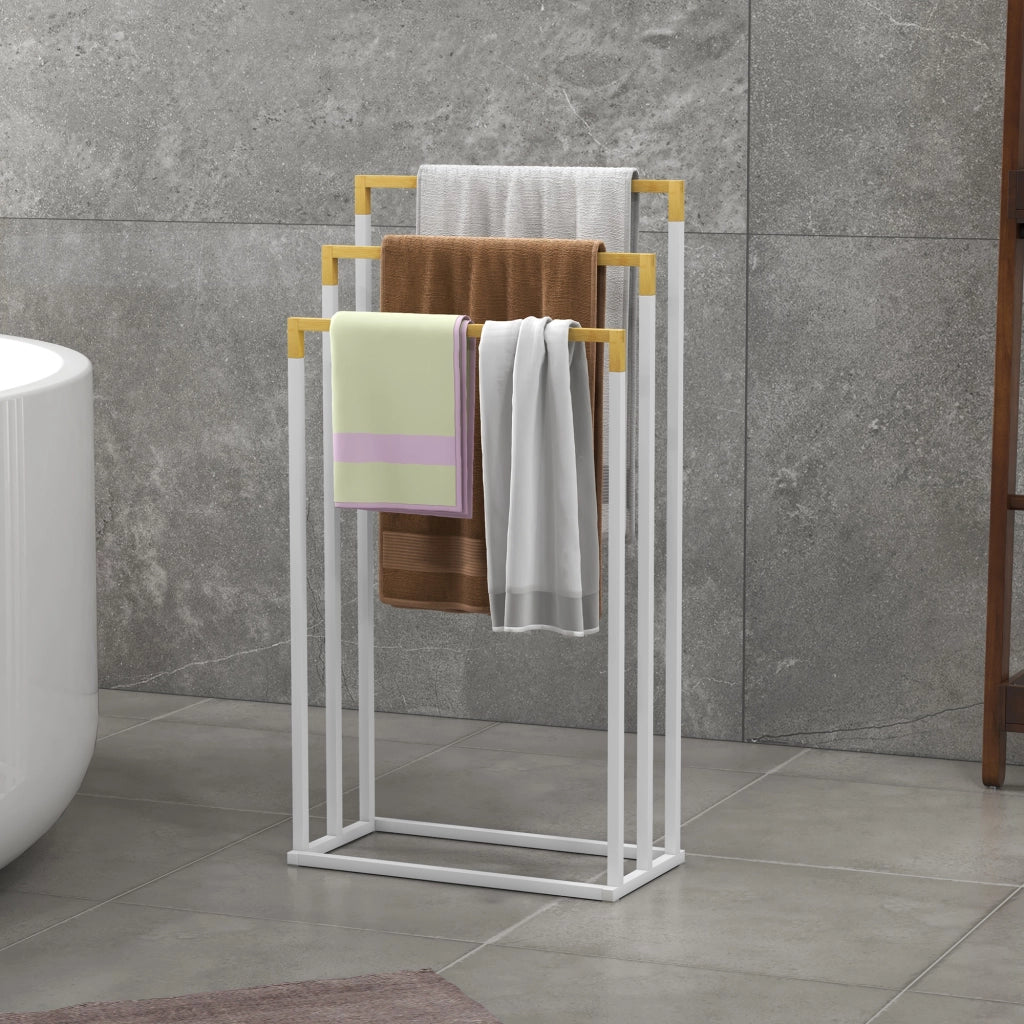 Portasciugamani Autoportante 3 Sbarre Bamb¨´ Acciaio ¨C Xylo ¨C Bianco Legno 45x22.5x86cm