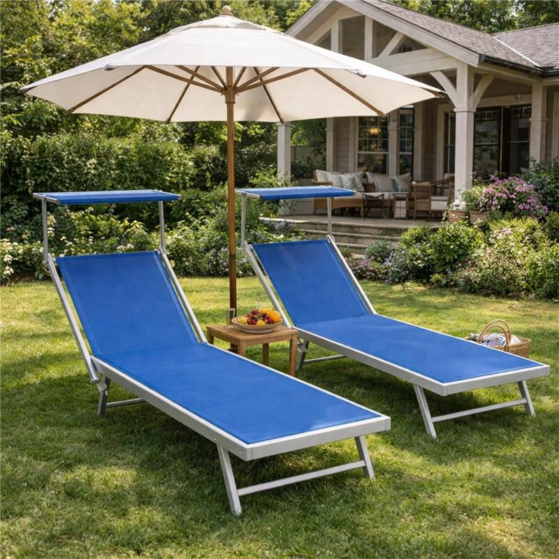 LETTINO STABILIMENTO RIMINI PRENDISOLE IN ALLUMINIIO CON PARASOLE PIEGHEVOLE 61X183/189X38H CM, COLORE BLU