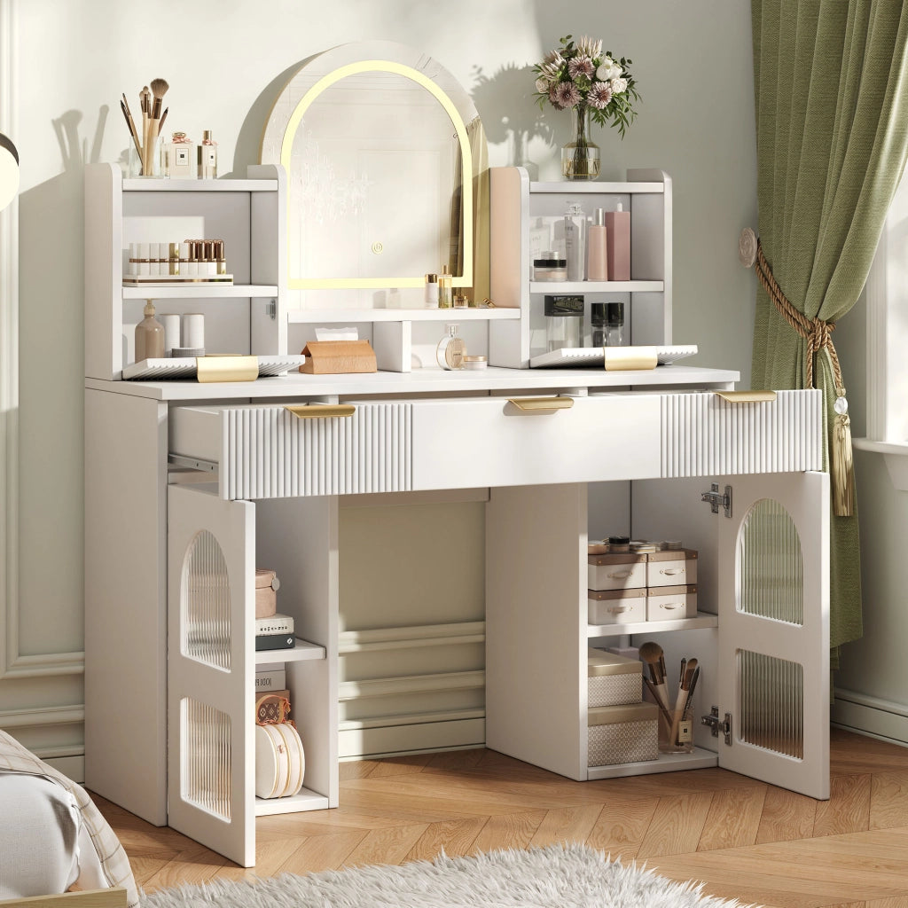 TOLETTA con Specchio LED 120x40x139,5 cm Bianco con 3 Cassetti e 2 Ante in Vetro