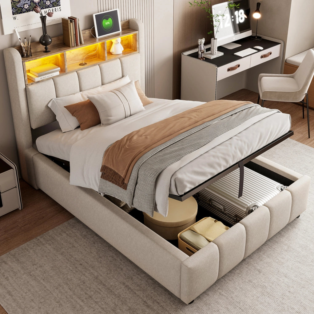 Letto imbottito con LED; USB e porta Type-C 90x200 cm in tessuto effetto lino beige