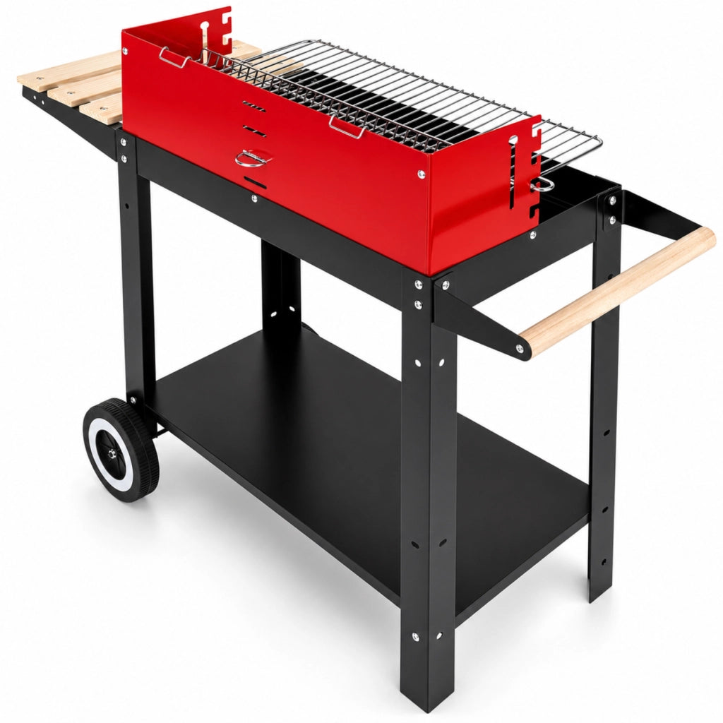 BBQ Grill A Carbonella Con Griglia Regolabile Accessori In Dotazione Ripiano Laterale Multifunzionale Supporto Porta Accessori Ruote Scorrevoli E Ripiano Scaldavivande 86 x 40.5 x 81 Cm