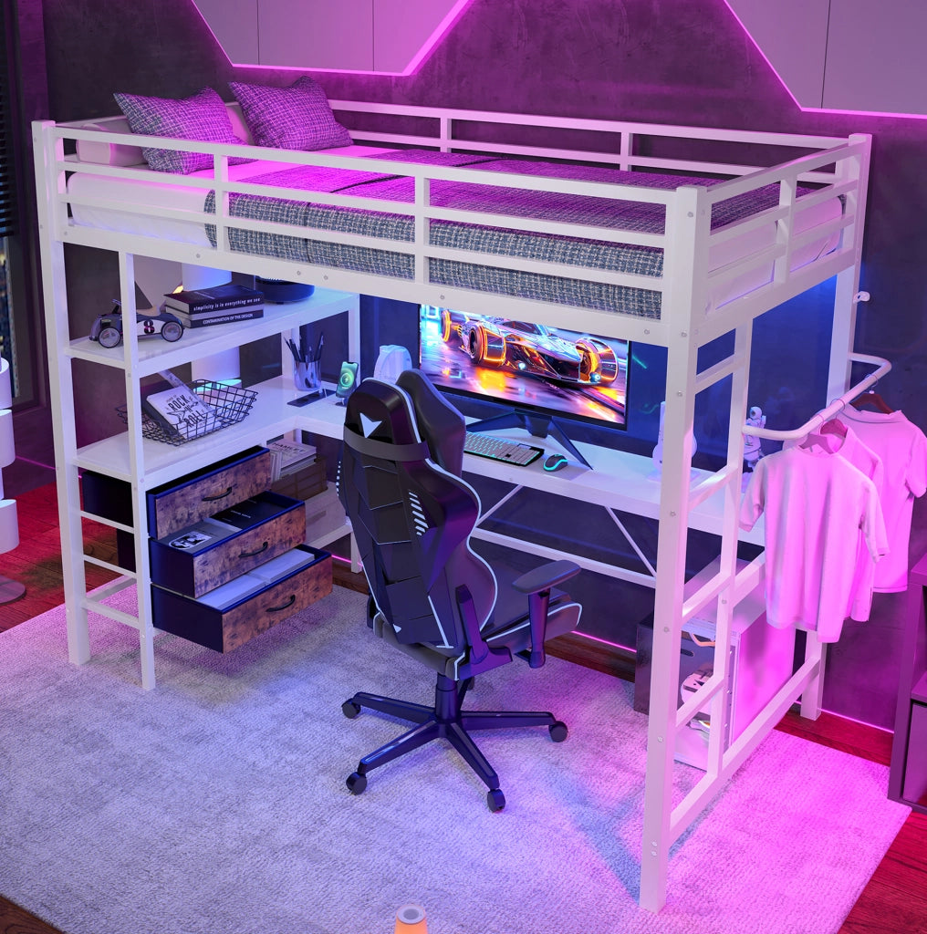Letto a soppalco 90x200 cm con scrivania, LED, 3 cassetti e USB