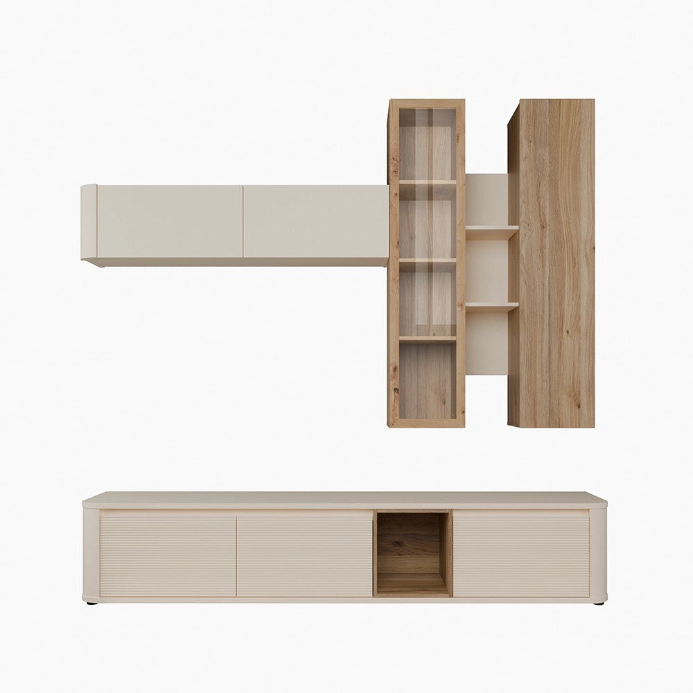 Soggiorno parete attrezzata Core grande con porta tv e pensili in colore rovere e cashmere