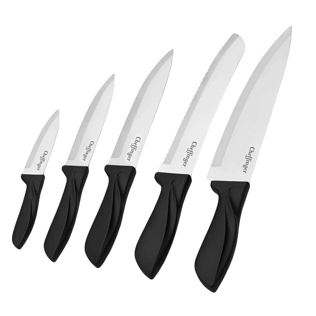 Set Coltelli 6 pezzi Inox con Blocco Portacoltelli in Legno Manici Ergonomici Nero / Argento Cheffinger