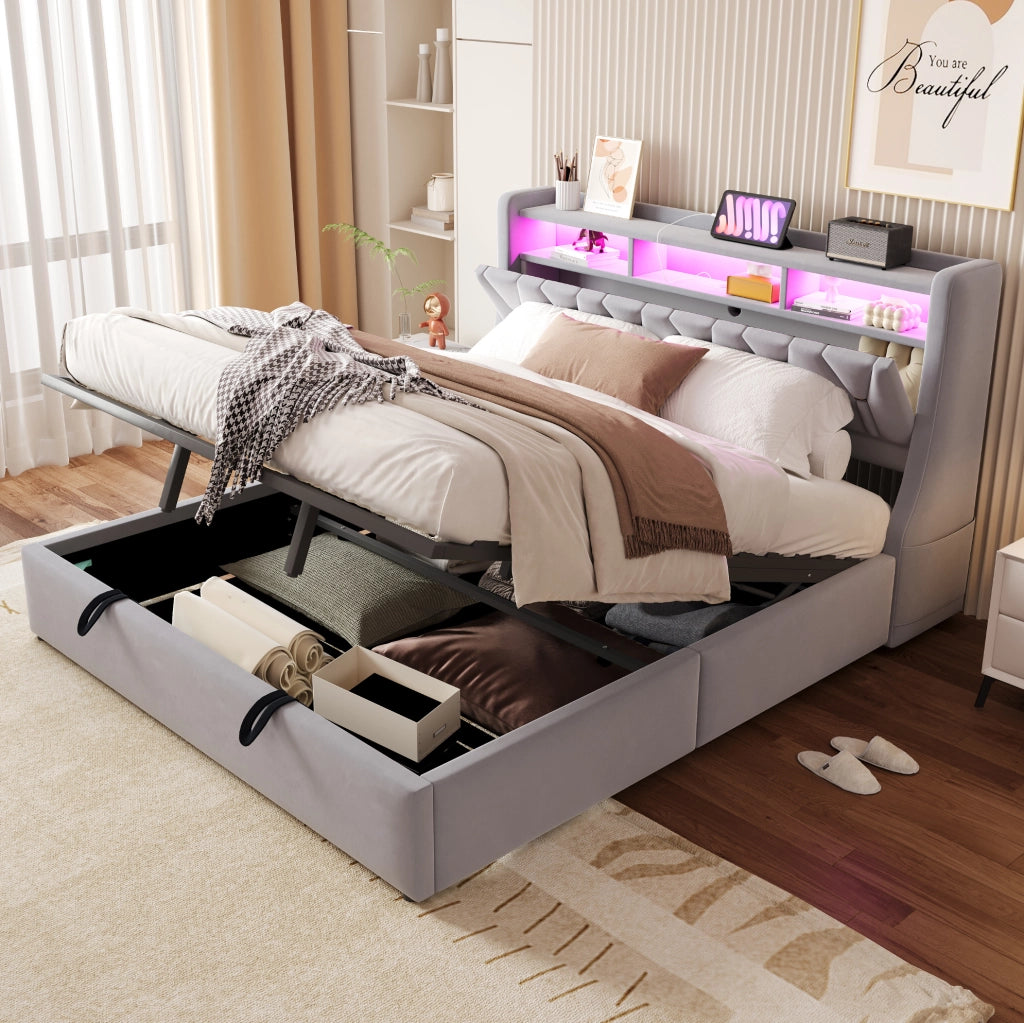 Letto contenitore imbottito 180x200 cm con LED, prese e testiera con vano