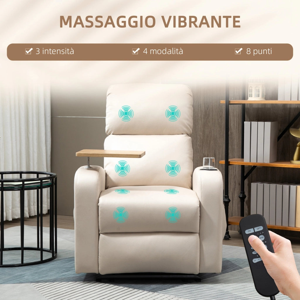 Poltrona Massaggiante e Reclinabile 77x93x105 cm con Tavolino Girevole Beige