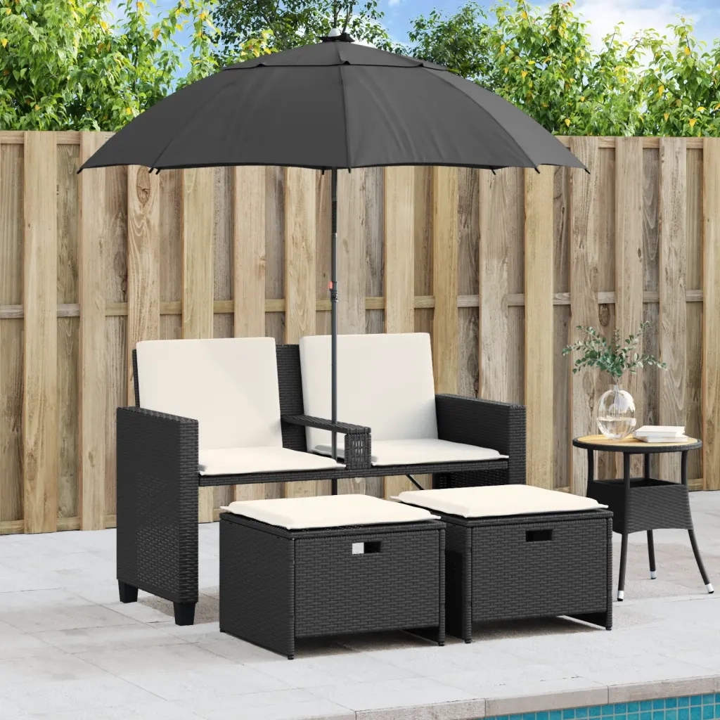 Divano Giardino 2 Posti Ombrellone e Sgabelli Nero Polyrattan 365882