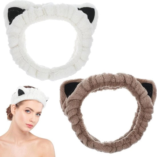 Kit di 2 Basi per Capelli in Fleece di Corallo Elastico per Orecchie di Gatto per Trucco - Benda per Capelli per Donna per Spa Yoga