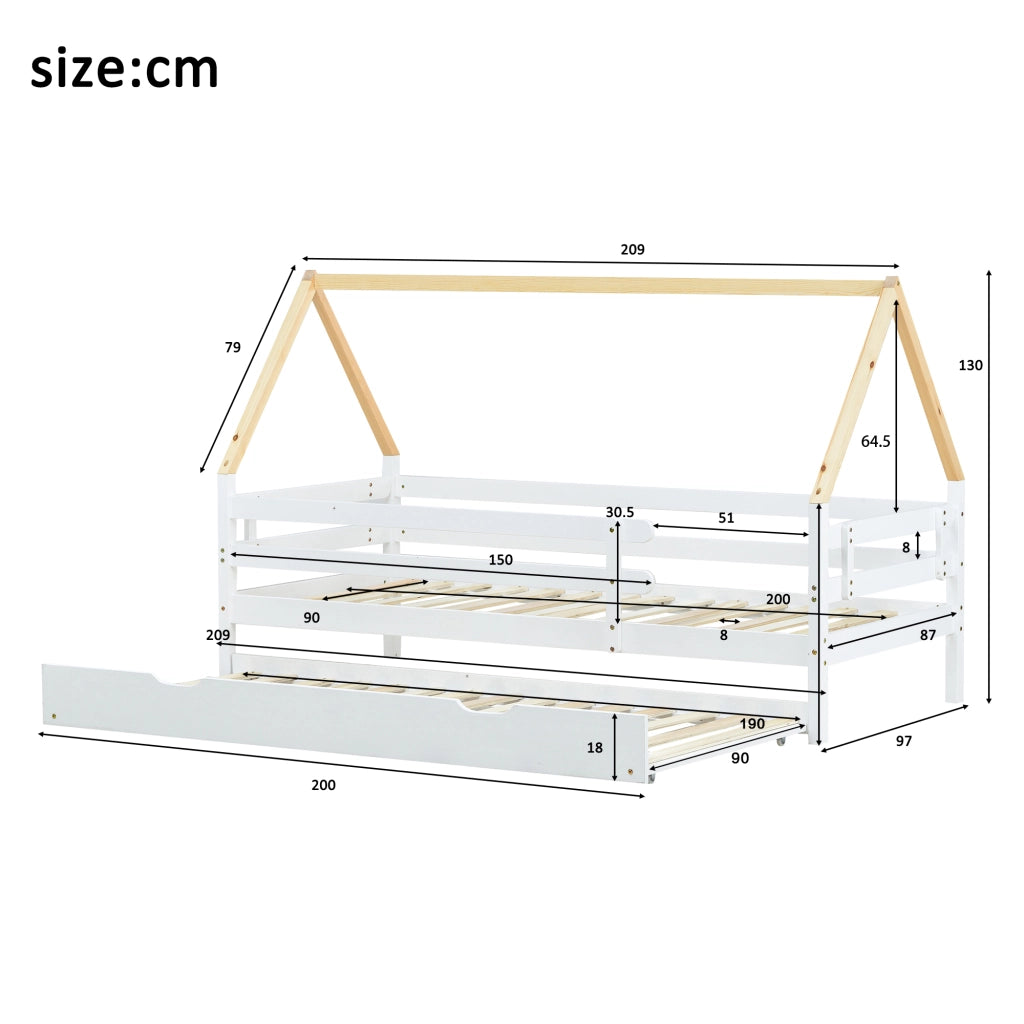 Letto a casetta bambino 90×200 cm con letto estraibile; sponde di sicurezza; senza materasso; in legno massello; bianco e naturale