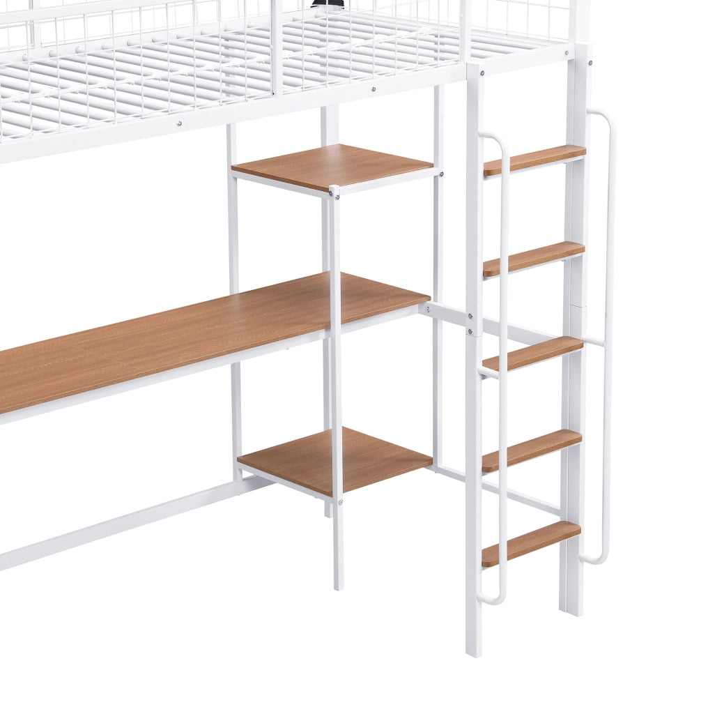 Letto a soppalco 90x200 cm con scrivania e scaffali in metallo e legno bianco e naturale