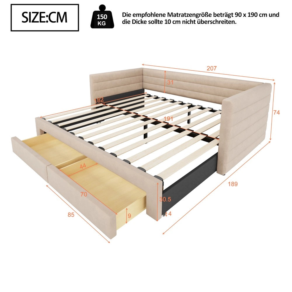 Letto Imbottito Estraibile 3 in 1 con Cassetti e Rete a Doghe ¨C MINIMAL ¨C Singolo/Matrimoniale 90x190, Beige