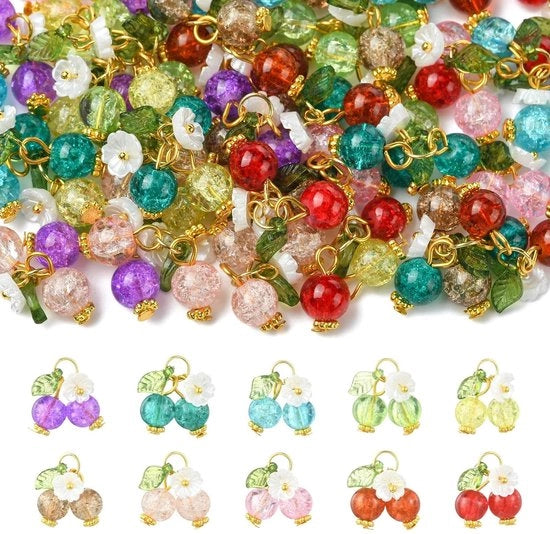 Charms in vetro da 50 pezzi - Decorazioni per ciliegie - Creazione di gioielli DIY - Disegno vivace - Dimensioni del filo 3 mm - Dimensioni 15 mm - Decorazioni per ciliegie