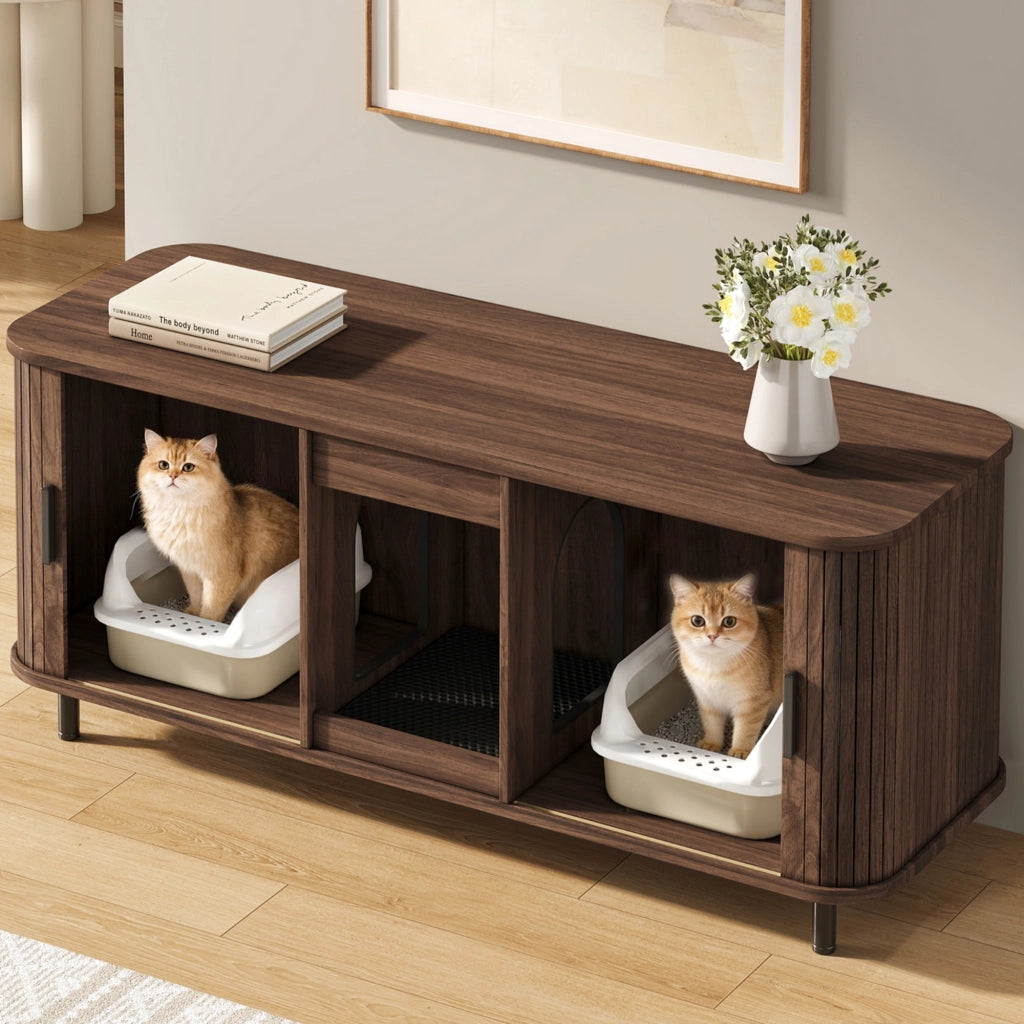 Mobile Lettiera per 2 Gatti 140×50×60 cm con 2 Porte Scorrevoli; Tappetino Raccogli Sabbia e Piedini in Metallo