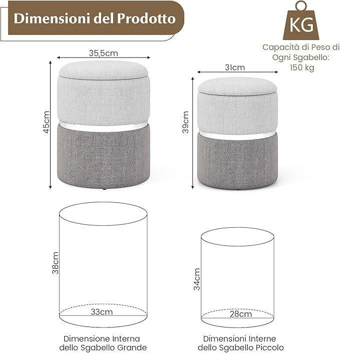 Set di 2 Pouf Contenitore in Velluto, Pouf Rotondi Imbottiti da 32L +21L, Sgabelli con Contenitore per Soggiorno, Camera da Letto, Portata 150 kg (Grigio)