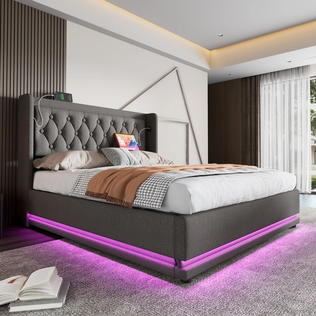 DESMIU Letto contenitore letto matrimoniale con USB, Type-C e LED regolabile 160 × 200 cm, senza materasso