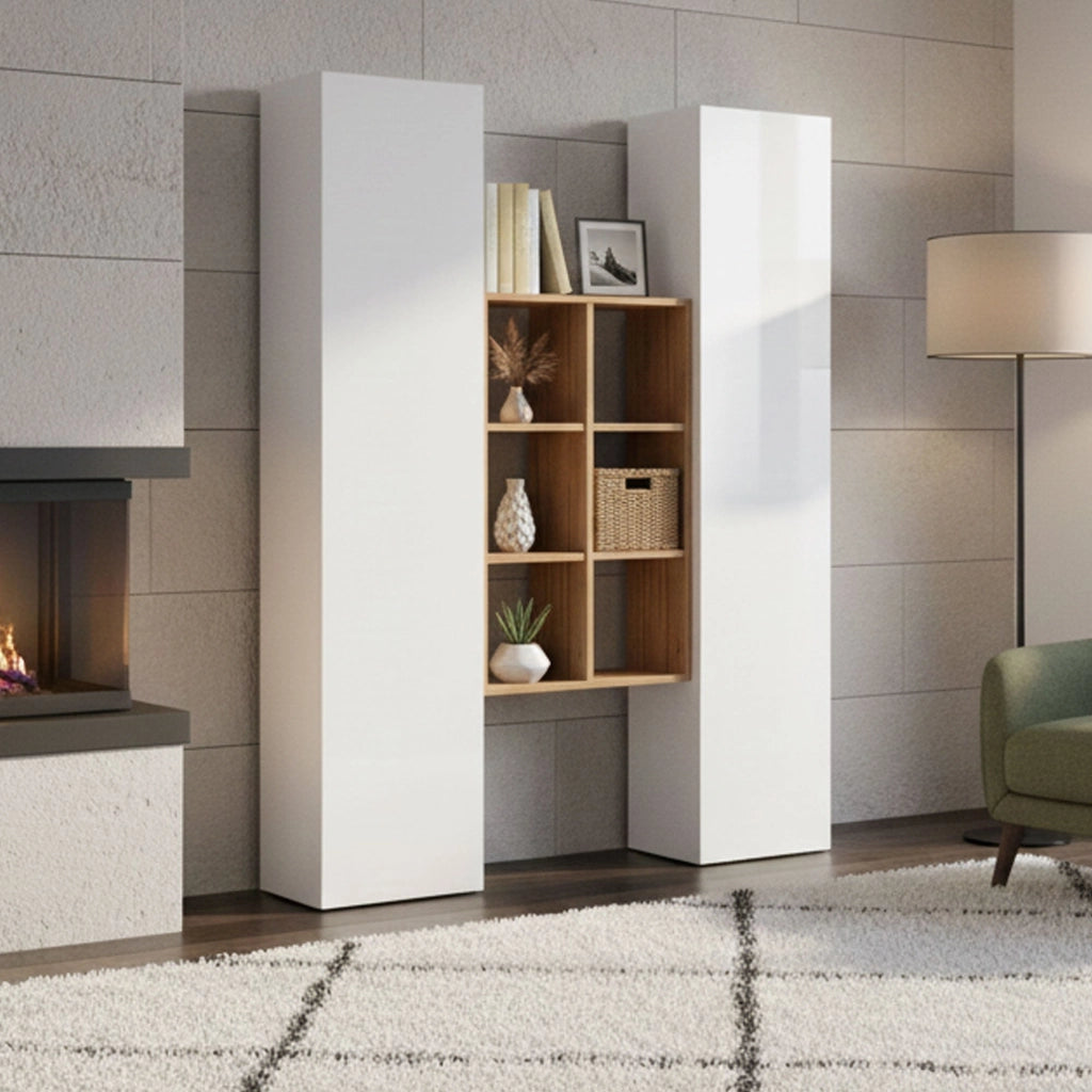 Madia Danila, Credenza 14 Ripiani Made in Italy, 40x30x180h cm Bianco Lucido