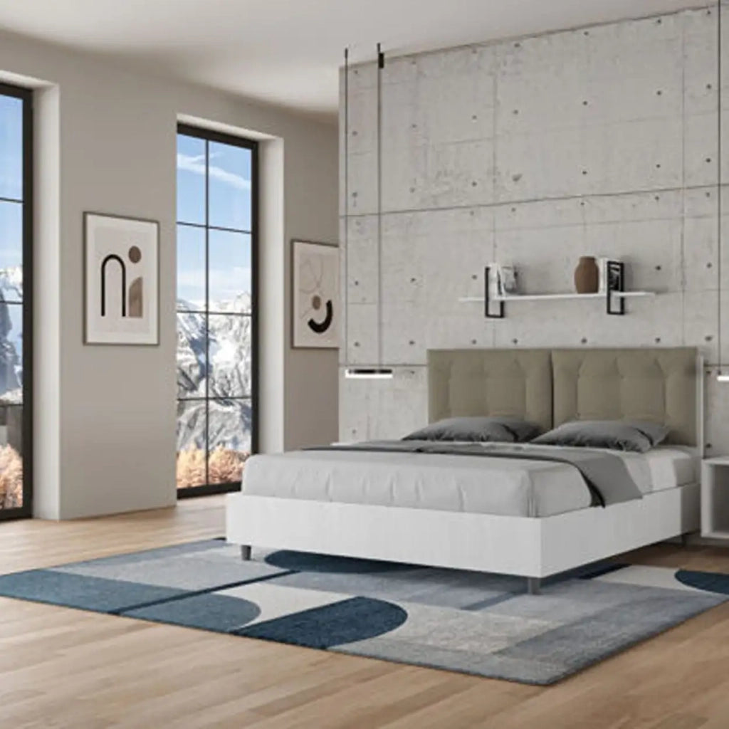 Letto matrimoniale contenitore 160x200 bianco frassino cuscini similpelle cappuccino Egos Annalisa