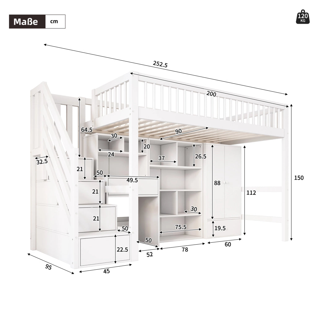 Letto a Soppalco Singolo 90x200 cm con Scrivania; Scale e Armadio in Legno Bianco
