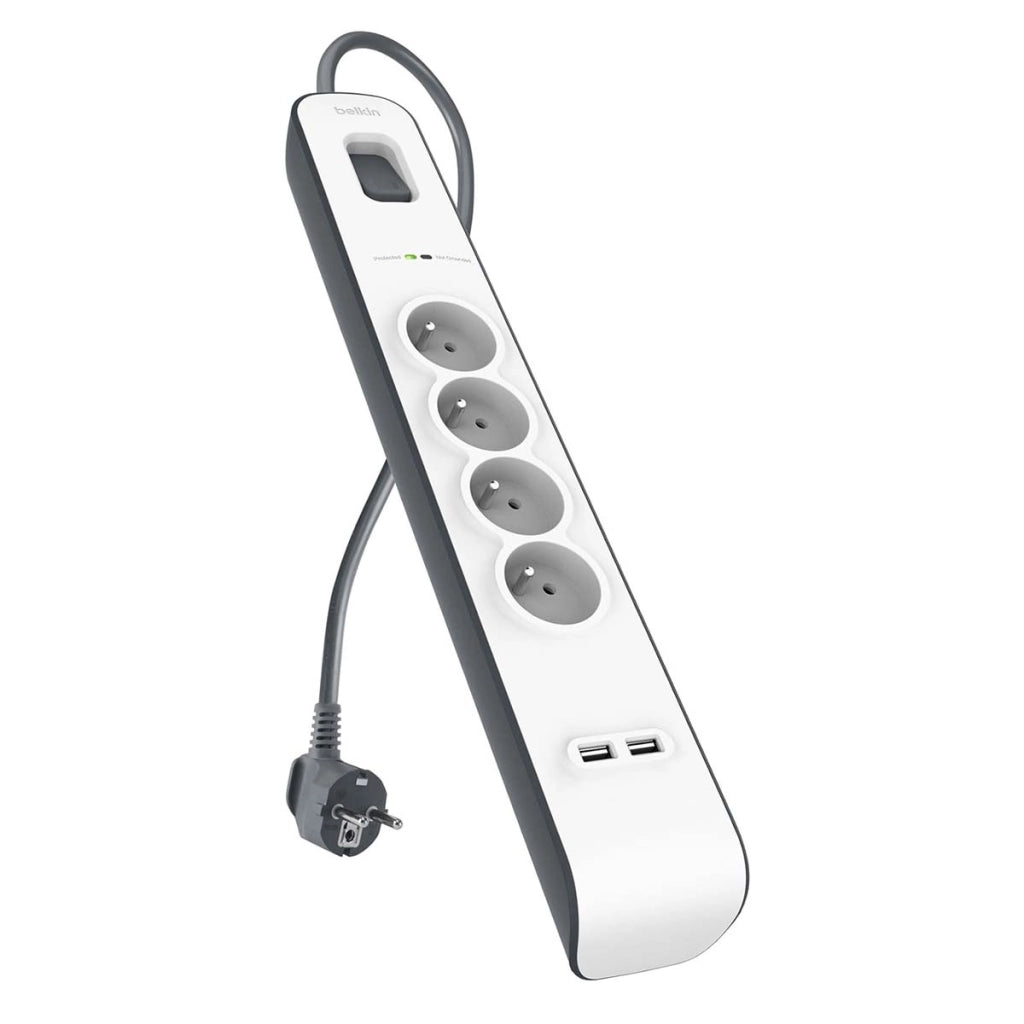 Multipresa Sovratensione 4 Prese / 2 Porte USB-A Cavo 2 m Robusto Bianco / Grigio Belkin