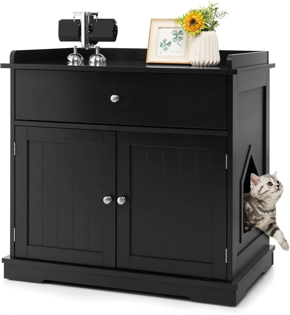 Mobile per Lettiera Gatti in Legno, con Portaoggetti, 2 Ante, Cassetto e Ingresso Laterale, Mobiletto Multiuso per Ingresso e Soggiorno, 76 x 53 x 74 cm, Carico Massimo 30 kg (nero)