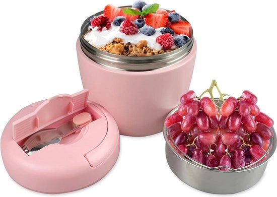 Contenitore termico per cibo, grande, 1000 ml, contenitore termico con coperchio, scatola per pranzo, contenitore termico con cucchiaio pieghevole per il contenimento di zuppe, gelato, yogurt - rosa