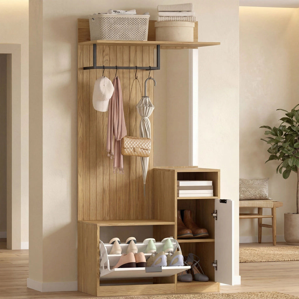 Appendiabiti con panca, scarpiera e armadietto ¨C Minimal ¨C rovere e bianco, 80x30x100 cm