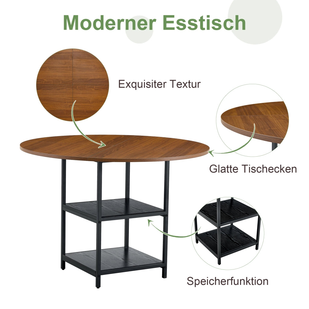 Tavolo da pranzo rotondo con diametro di 107 cm e doppio ripiano effetto noce, piano in MDF + struttura in metallo, adatto per 2-4 persone, perfetto p