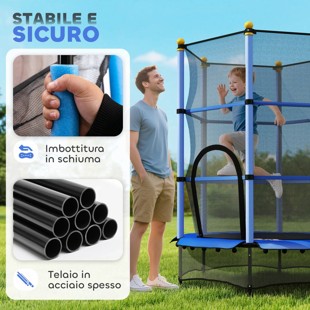 Tappeto Elastico per Bambini con Rete di Sicurezza e Pali Imbottiti Et¨¤ 3-10 Anni, ?140 x 190 cm, Blu