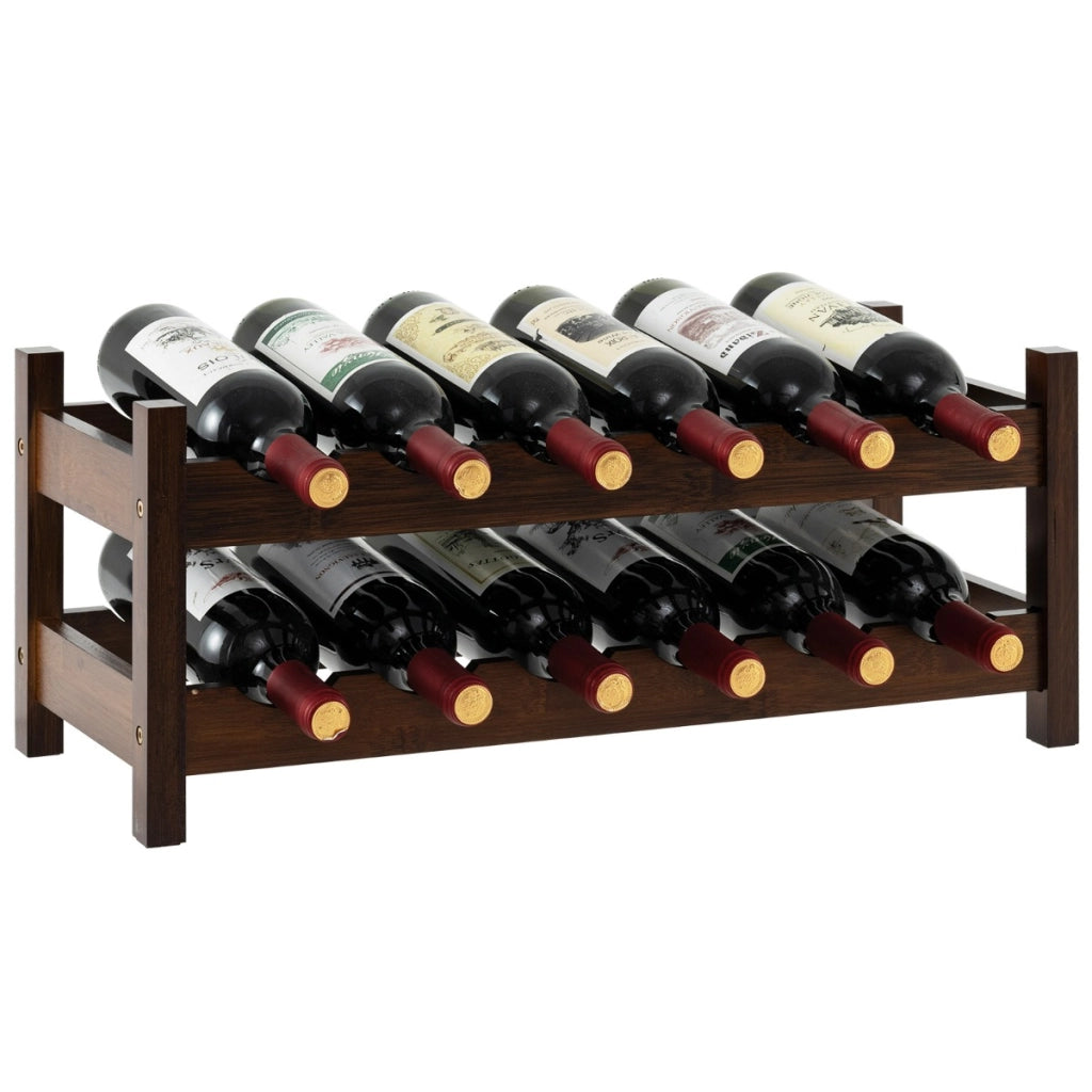 Piccolo scaffale per vino in bamb¨´ a 2 livelli da 12 bottiglie, Porta bottiglie di vino indipendente da appoggio Marrone