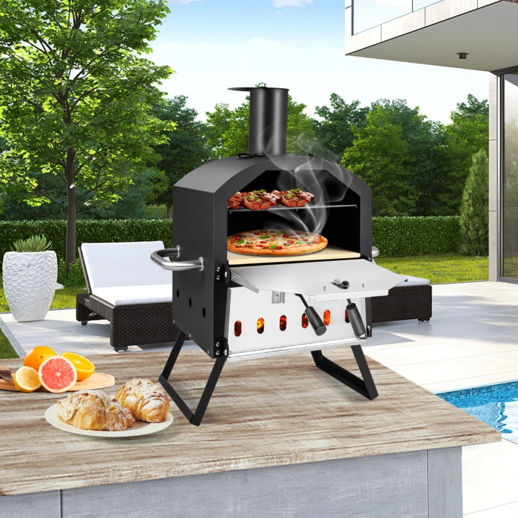 Forno per pizza all'aperto a 2 strati con manici antigraffio gambe pieghevoli, Fornello per pizza a legna Nero-Strumenti cucina