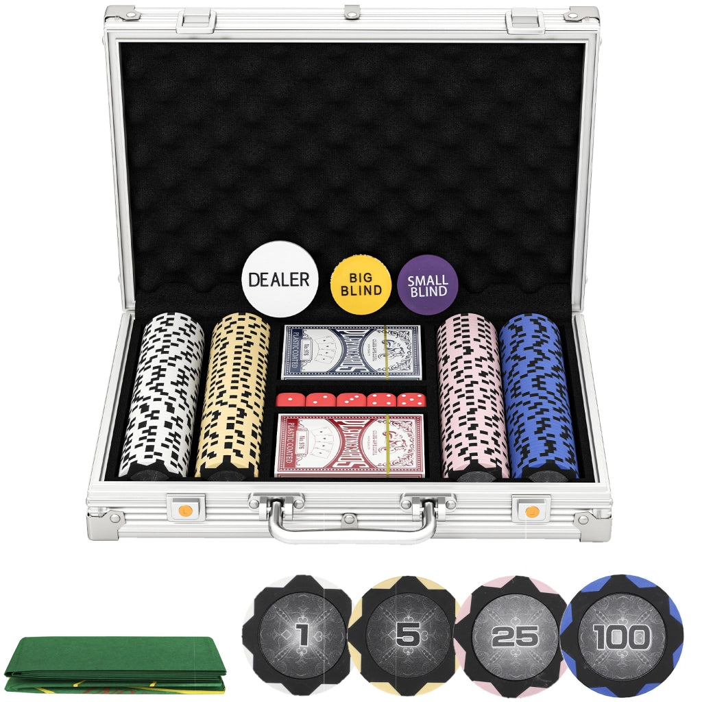 Set di Fiches da Poker in Valigetta ¨C Minimal ¨C con Dadi, Pulsante Dealer, 2 Mazzi di Carte, Colore Argento