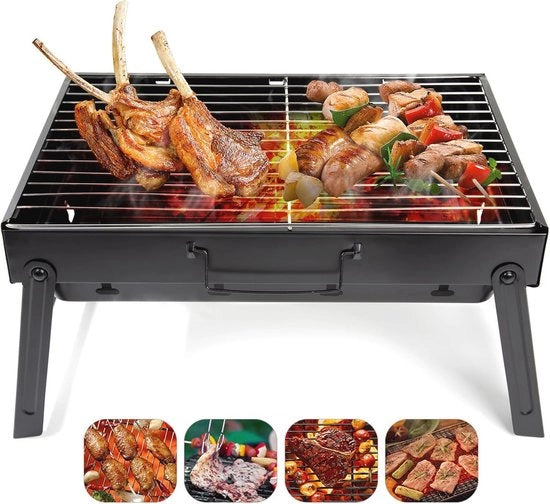 Griglia a Carbone per Pic-Nic, Terrazza, Camping, Viaggio, con Piastra in Acciaio Inossidabile, Fune per Trasporto, Tavolo da BBQ, Raccoglitore per BBQ