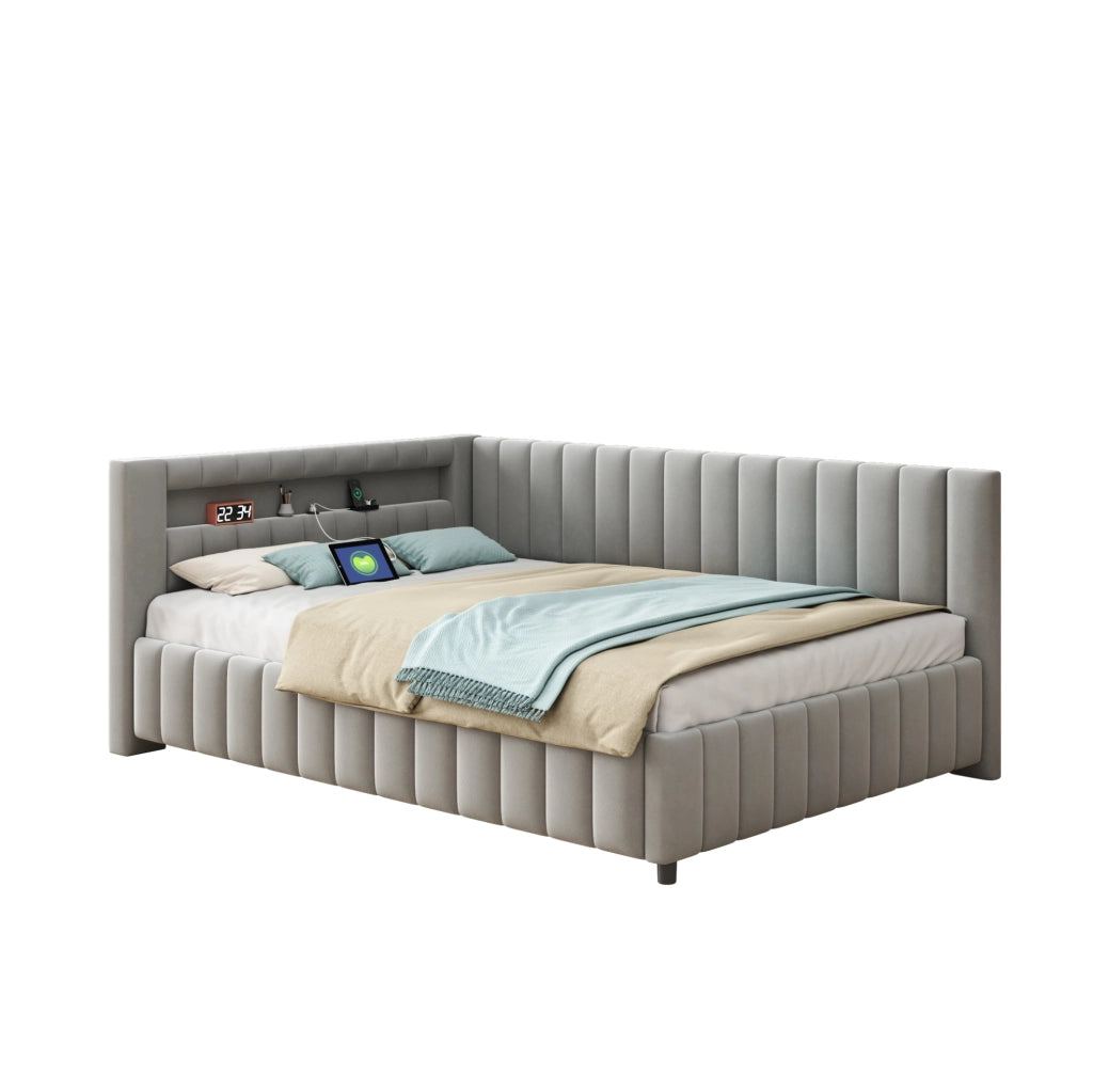 Divano letto imbottito L con LED, USB e rete a doghe, 140x200 cm