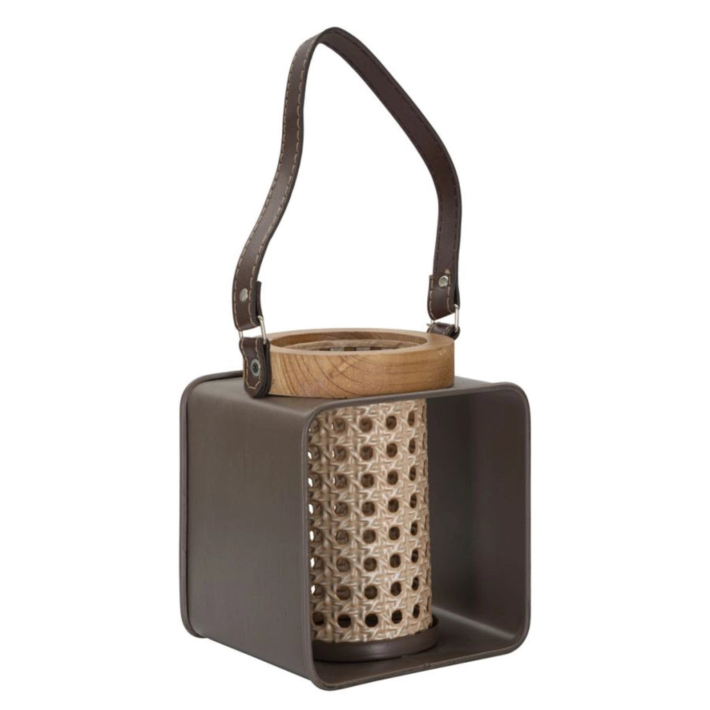 Lanterna in ferro e rattan con manico in cuoio CM 16x13x20