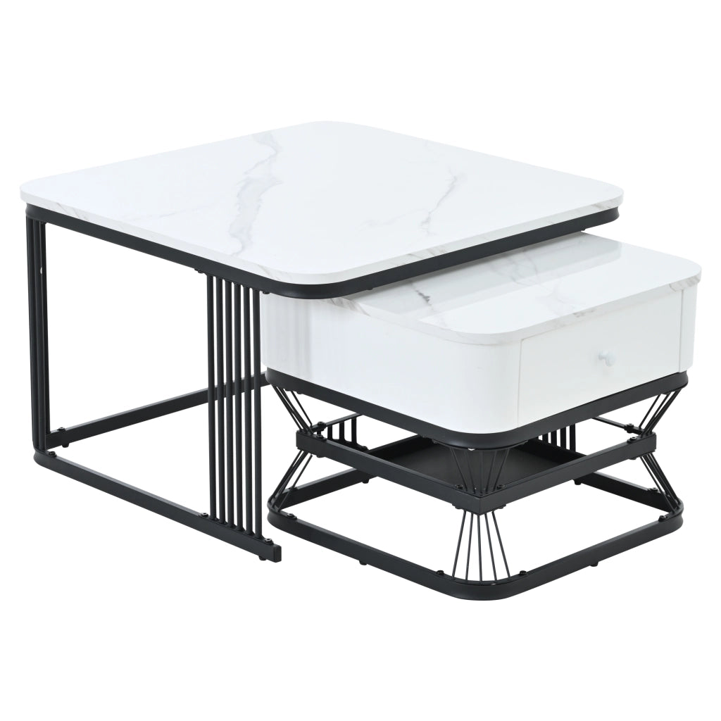 Set di 2 tavolini da salotto quadrati in effetto marmo lucido, bianco e nero, 70x70x45 cm + 50x50x40 cm, con 1 cassetto
