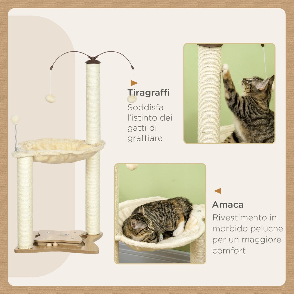 Tiragraffi per Gatti con Amaca, Palline e Pali in Sisal ¨C Minimal ¨C Beige, 53.5x53.5x90 cm