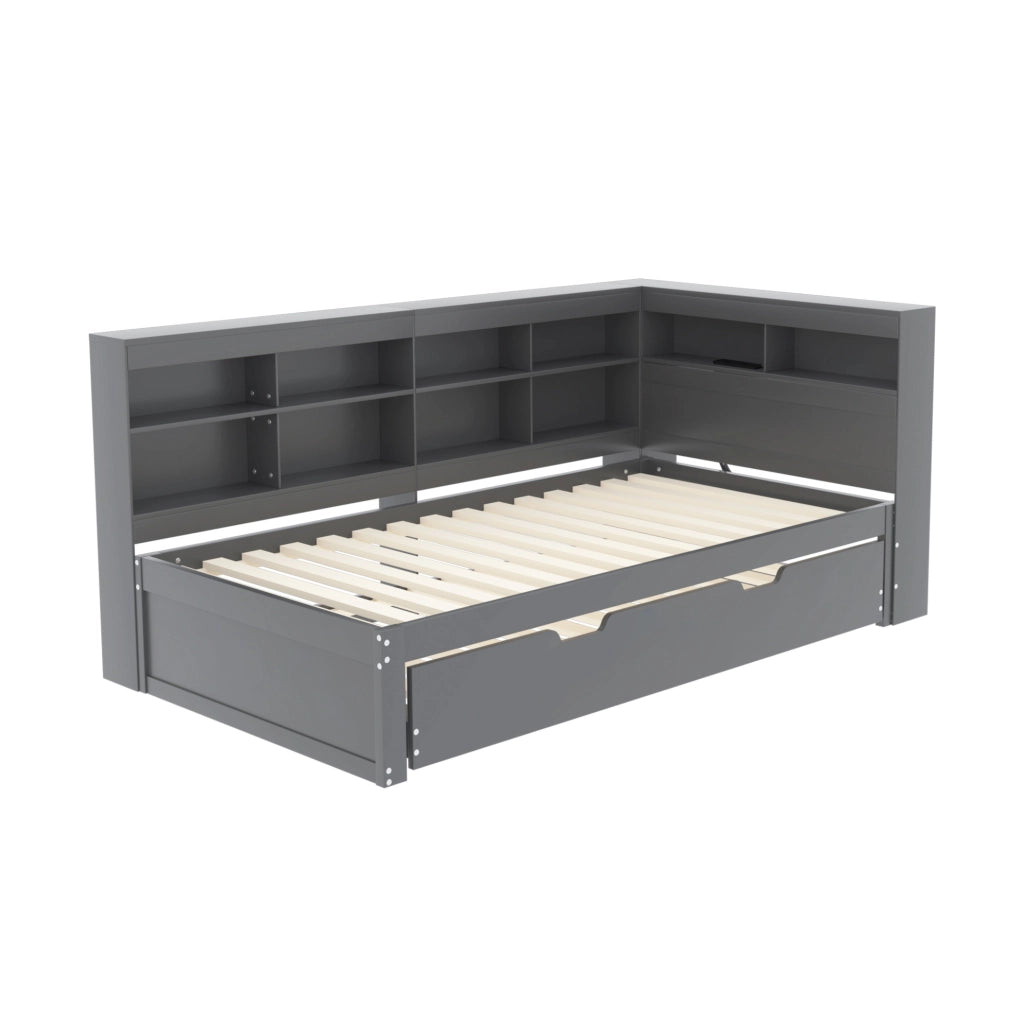 Letto multifunzione 90x200 con letto estraibile, USB e vani contenitore