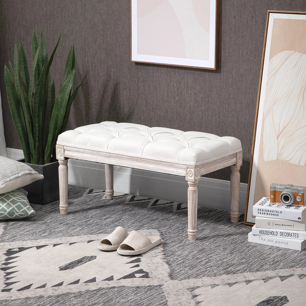 Pouf Imbottito in Tessuto e Legno ¨C Minimal ¨C 80x40x43 cm, Cremewei?