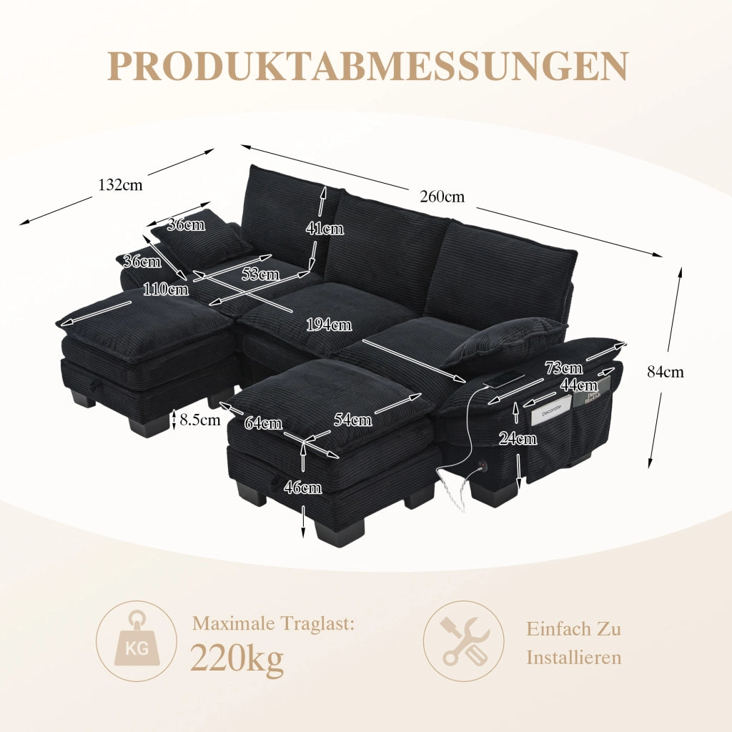 Divano modulare 3 posti con USB tipo C e 2 pouf contenitore in velluto a coste nero