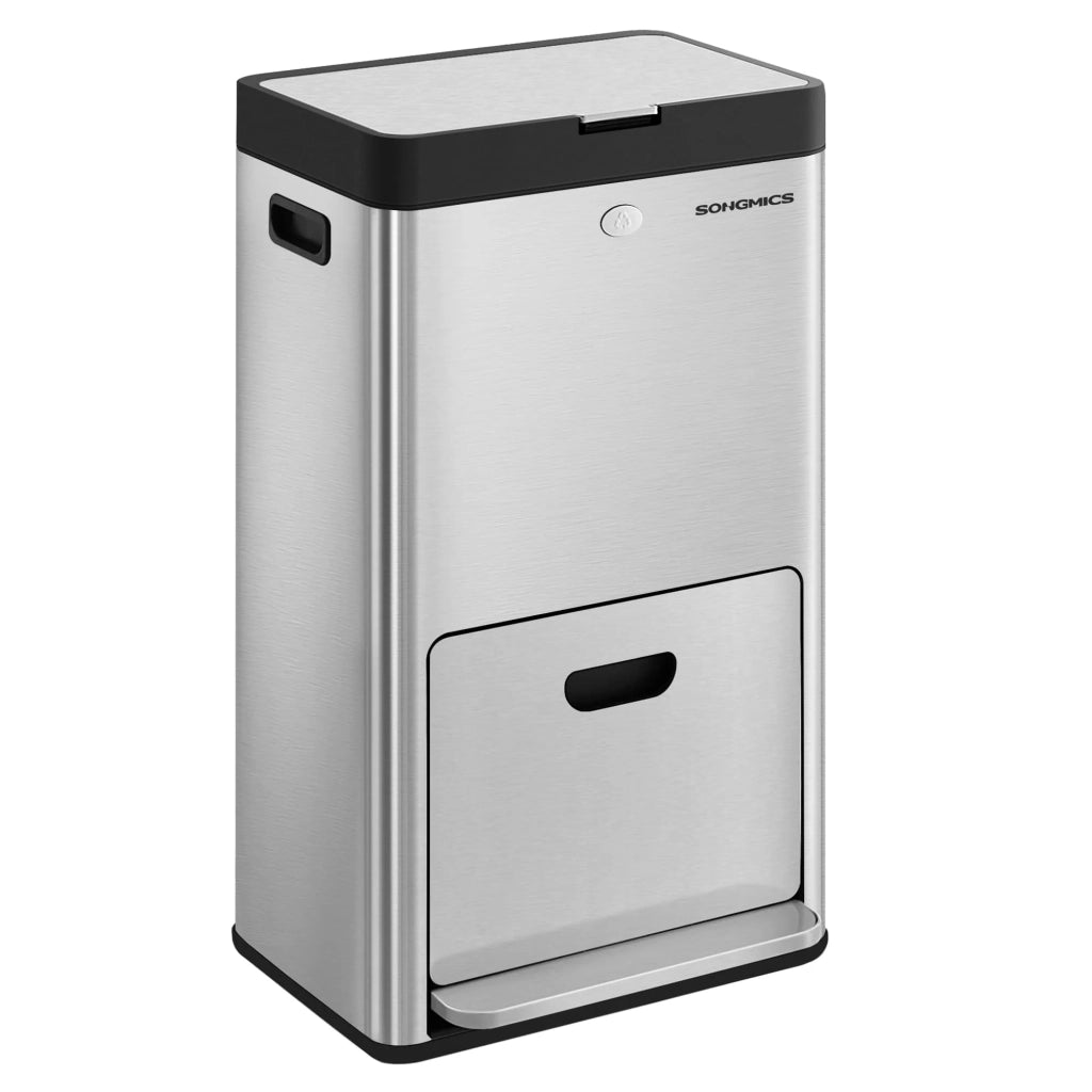 Pattumiera da cucina con capacità di 2 x 17 litri e 26 litri 3 scomparti per rifiuti domestici rifiuti alimentari e materiali riciclabili filtro al carbone pedale larga argento 12_0007244