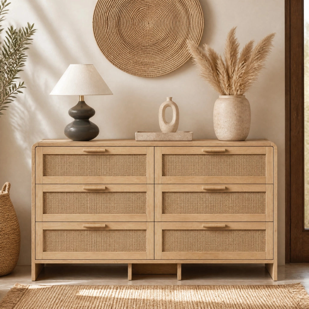 CASSETTIERA 130 cm in rattan naturale con 6 cassetti e angoli arrotondati